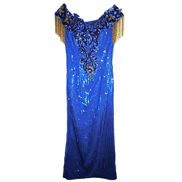 Vintage 80s J. Reynolds Atlanta 10 Glam Blue Sequin Formal Gown Dress Fringe - Picture 1 of 3